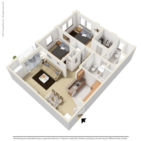 Floor plan for 2 beds, 2 baths, 991 sqft